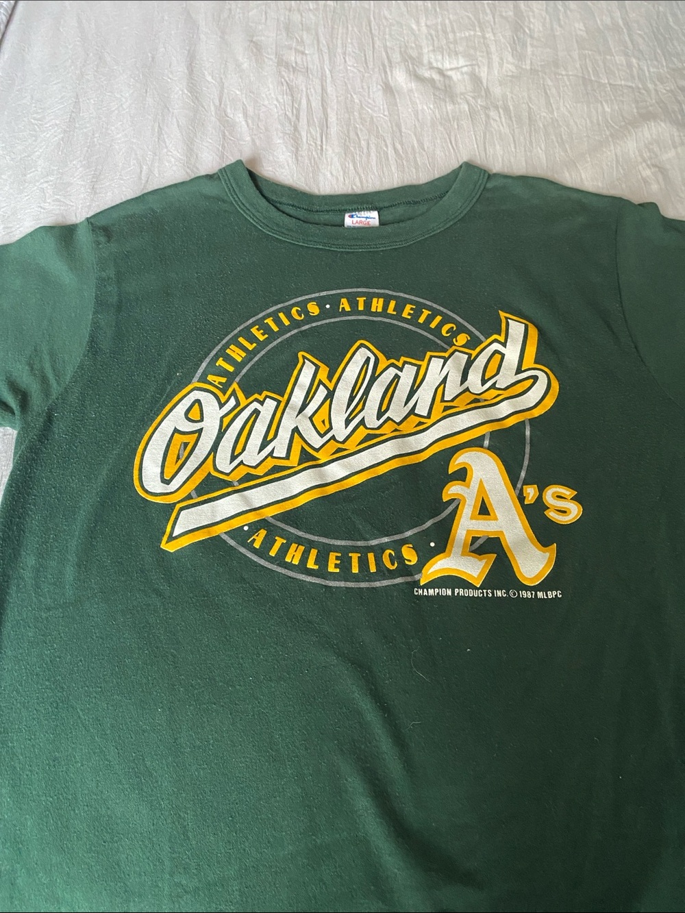 1987 Champion Oakland Athletics Green T-Shirt with Yellow and White Logo